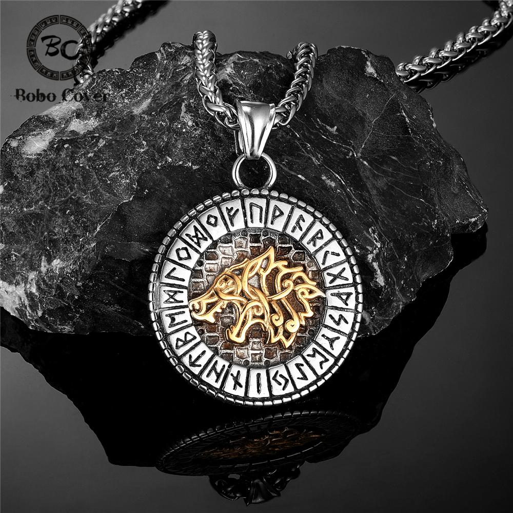 Viking Mythologie Nordique Odin Loup Colliers Hommes Couleur Or Fenrir Rune Pendentif Talisman Acier Inoxydable Masculin Bijoux Scandinaves