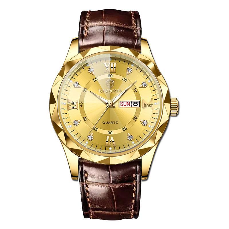 BINBOND Men s Waterproof Genuine Leather Quartz Watch – Casual Fashion & Business Style.