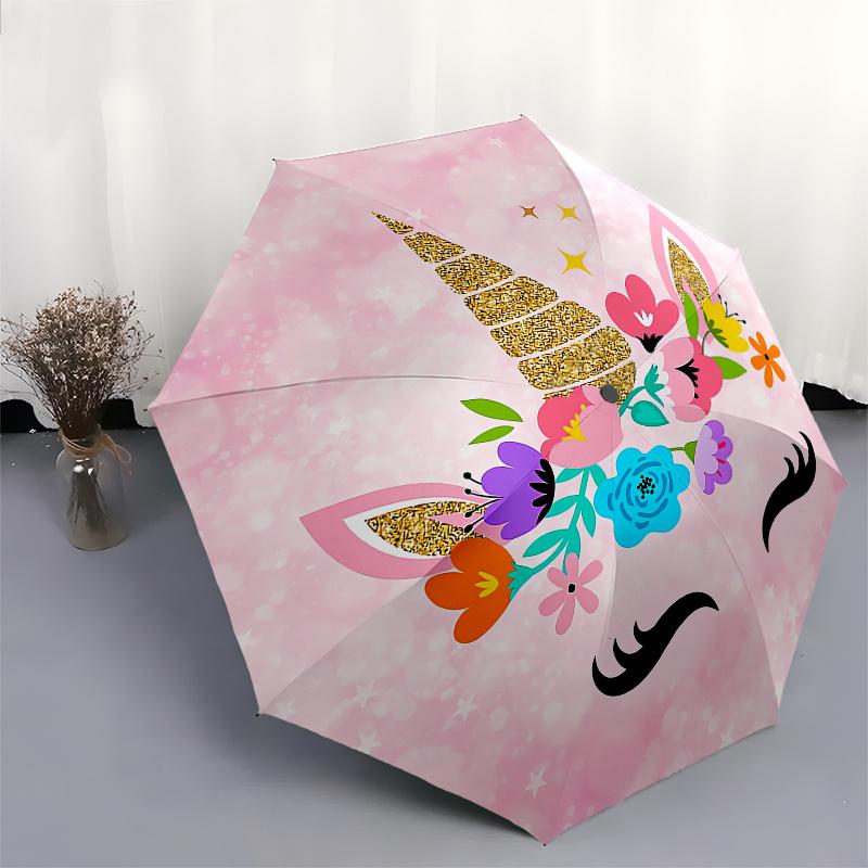 Unicorn Flowers Automatic Folding Umbrella  Simple 8 Rib Design, Bright Cartoon Pattern, Durable Iron Frame, Suitable For Travel, Outdoor, B