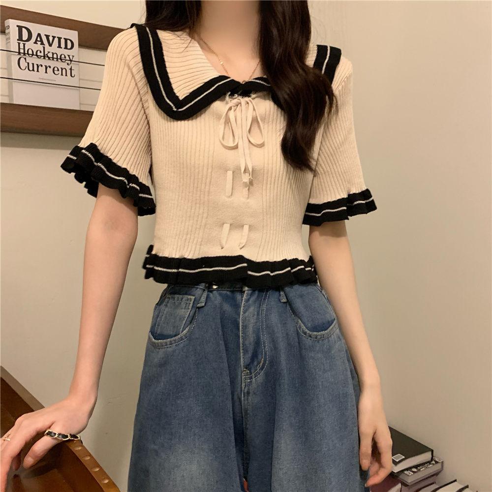 

Design Sense Niche Ruffle Edge Doll Neck Knitted Shirt Short Sleeved Shirt Women s Summer Unique French Chic Short Top S