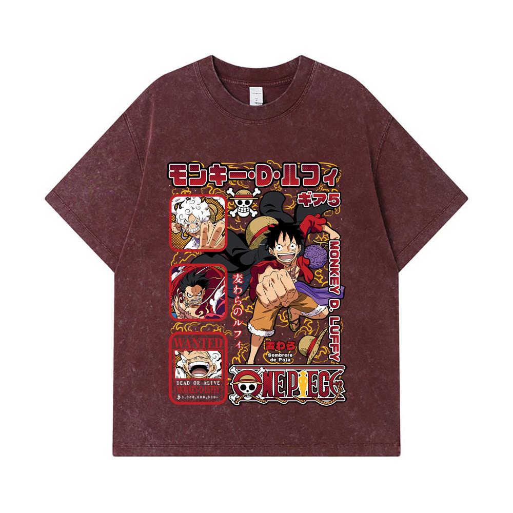 275 GSM Washed T-shirts 100% Cotton One Piece V78 Luffy Print Unisex Heavy Cotton T Shirt