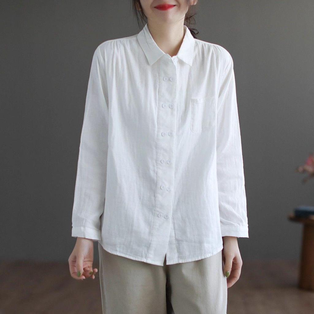 Korean Style Double-Breasted Women's Shirt, Polo Collar, Cotton Linen, Long Sleeve, Loose Fit, Perfect for Spring/Autumn