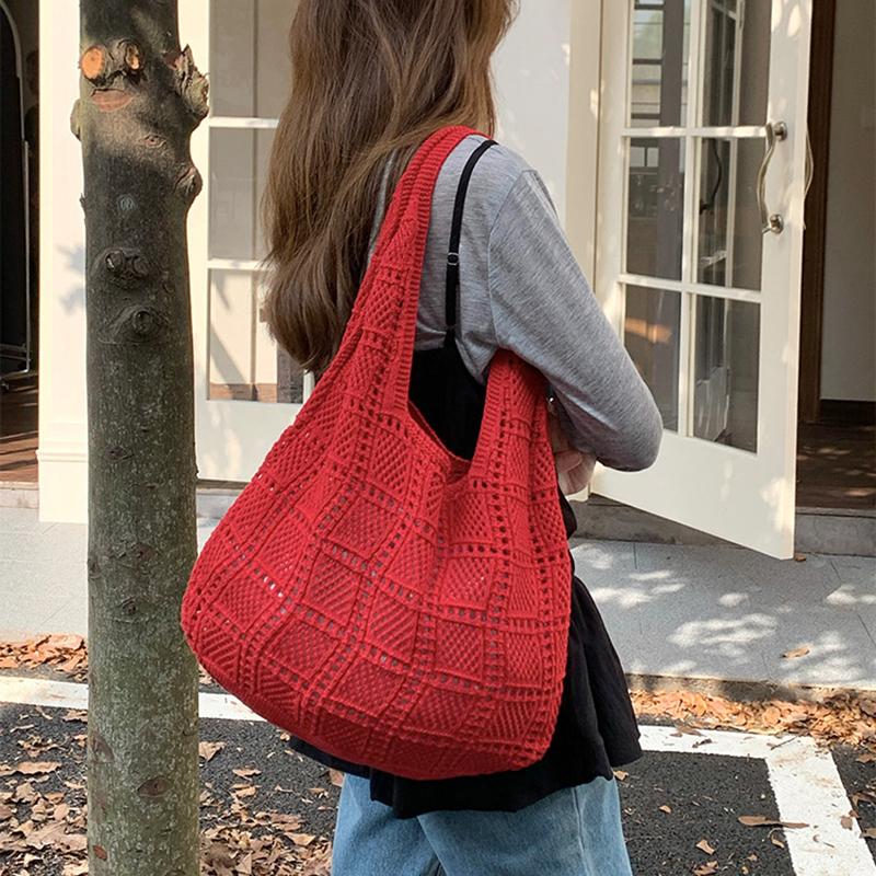 Yogodlns Retro Knitted Net Bag Shoulder Tote Beach Holiday Women's Bag Weaving Art Style Casual Minimalist Polyester Handbags