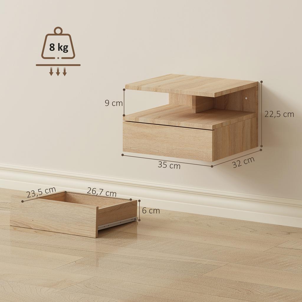 Set of 2 Wall-Mounted Nightstands, Drawer and Open Shelf, 35x32x22.5 cm, Oak
