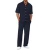 Men's Summer Hawaiian Solid Stripe Textured Button Shirt Trousers Set
