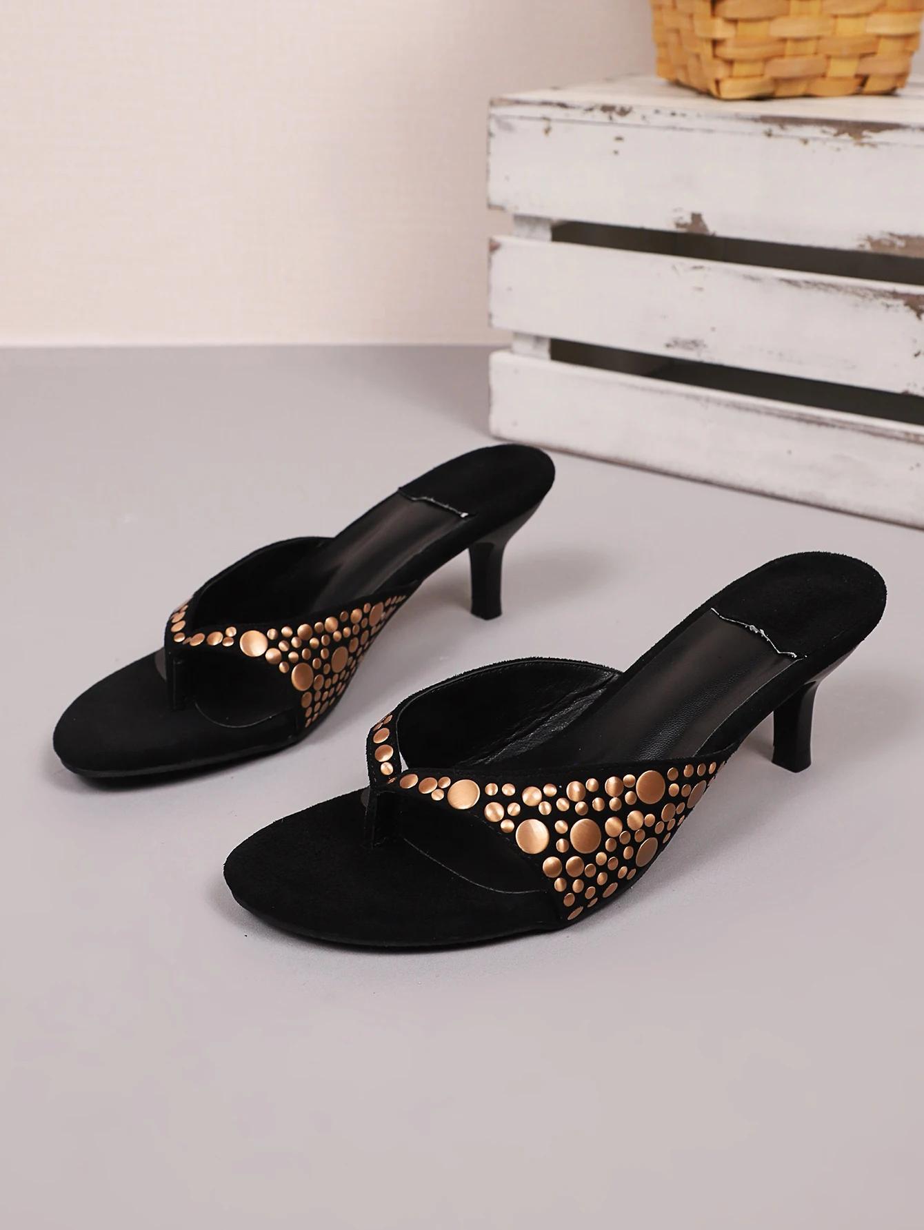 

Women s Fashion Slippers 2025Rivets Clip Toe Suede Lightweight Herringbone High Heeled Sandals European And American Style Shoes 35 чорний