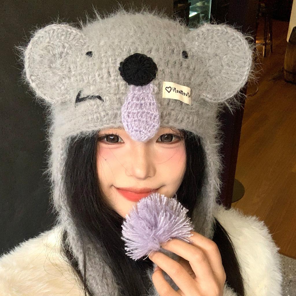 Winter Cute Cartoon Snot Koala Ears Gray Wool Hat Women's Ear Protection Cold and Warm Knitted Bag Hat