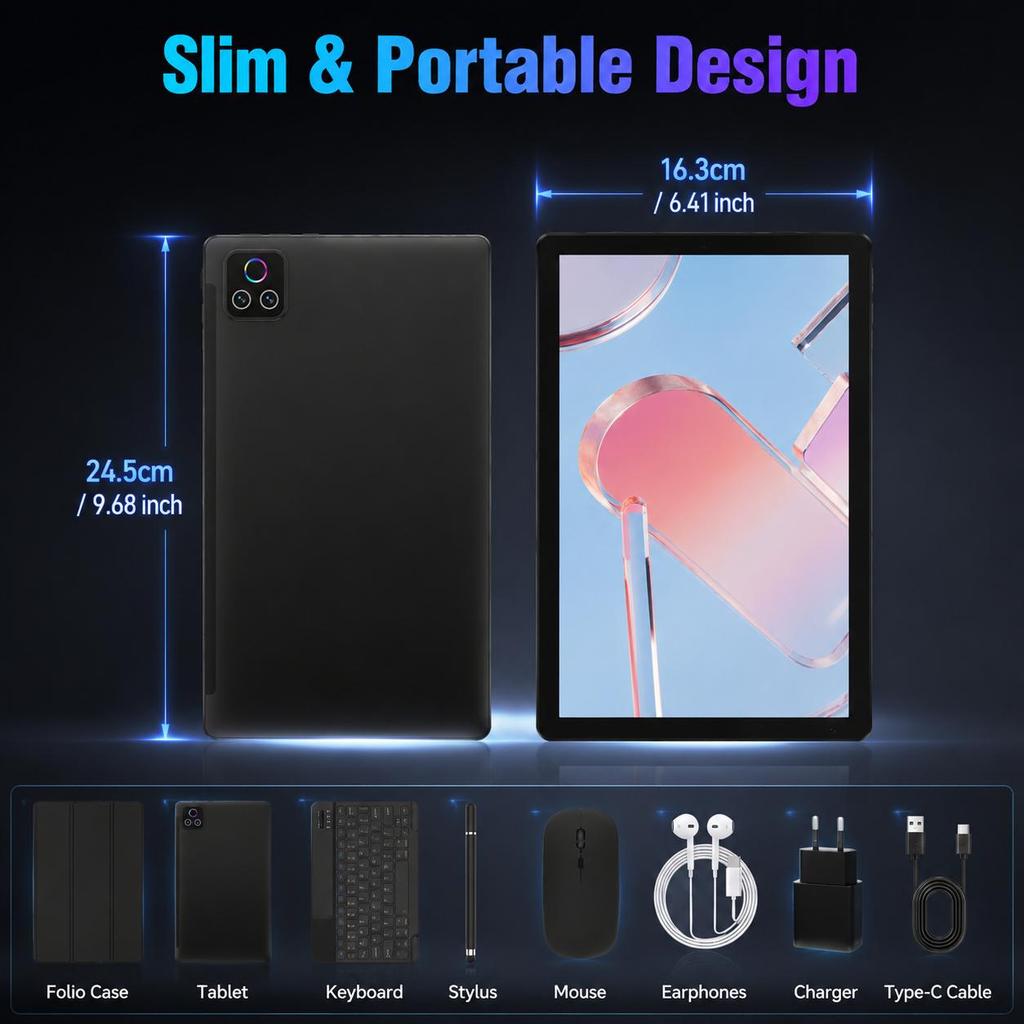 Tablet Android 16, 10,1 palce, 30 GB + 128 GB, Sada s klávesnicí, myší a stylusem, WiFi 6