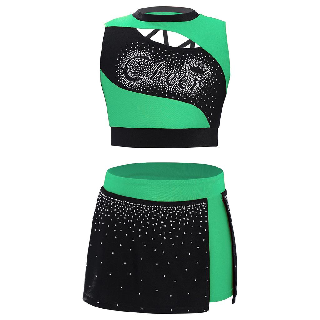 Girls Dance Crop Top and Skirt Set Sleeveless Rhinestone Design Side Slit Cheerleading Costume