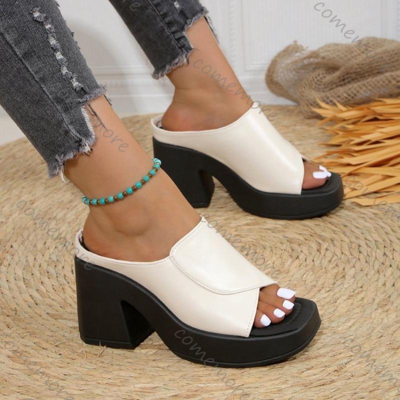 Fashion Comemore Summer New Square Head Solid Slippers for Women Platform Casual Large Size Women's Shoes Black Thick High Heeled Slides