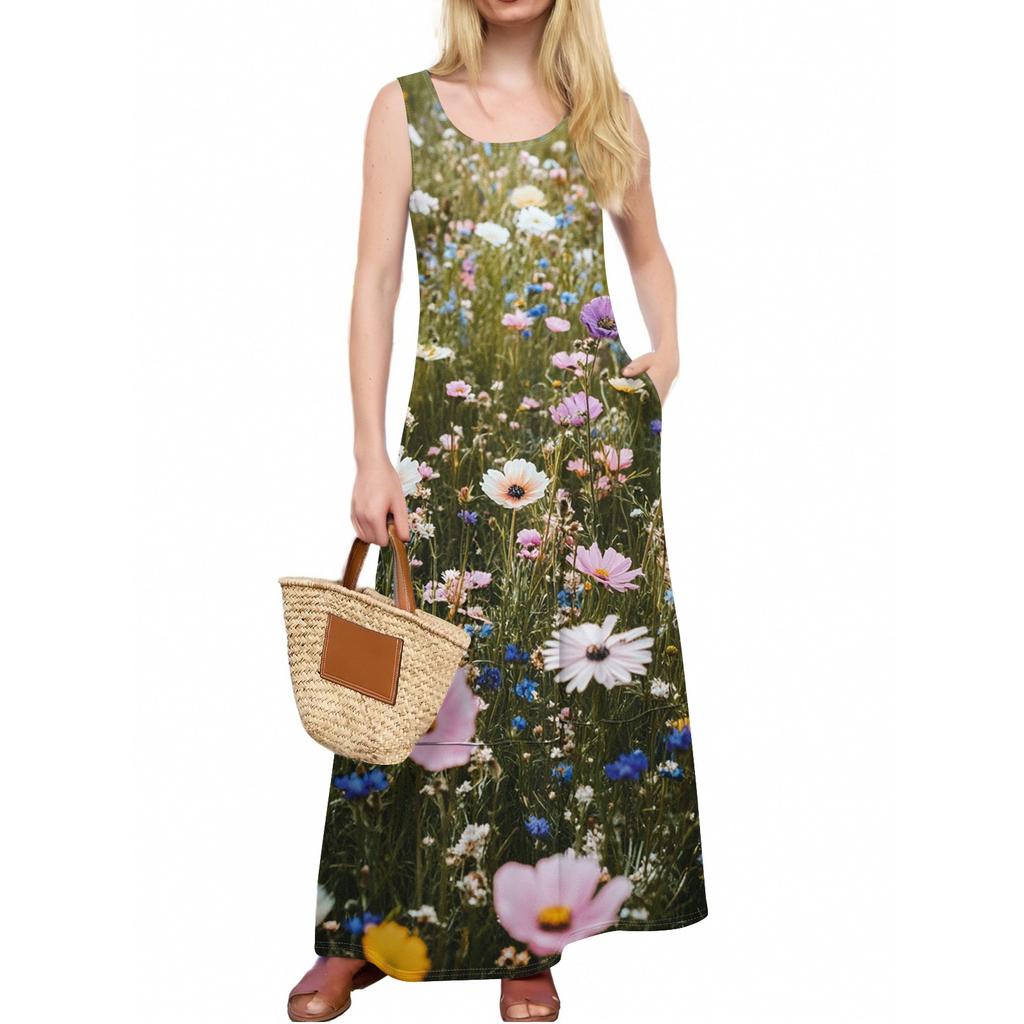 Women's Casual Floor-length Sundress Summer Beach Dress Round Neck Sleeveless Loose  Print Sundress