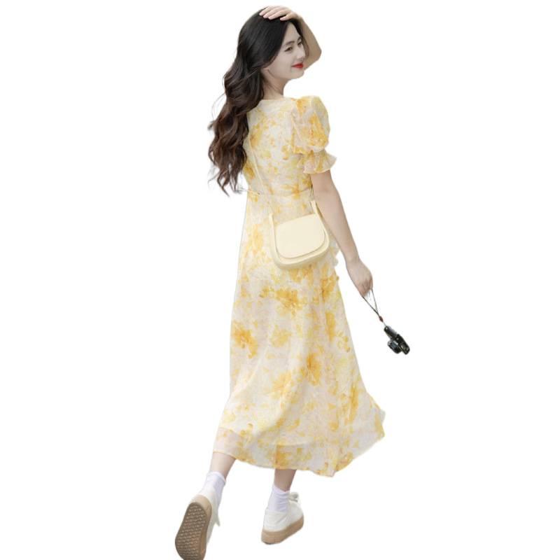 Tea Break French Campanula Retro Style Yellow Floral Chiffon Dress - Women's Summer Waist-Cinching Design