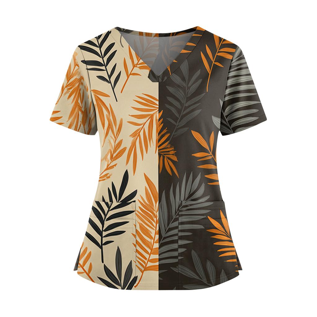Women's Hawaiian Print V-Neck Double Pocket Short Sleeve Uniform/ Top