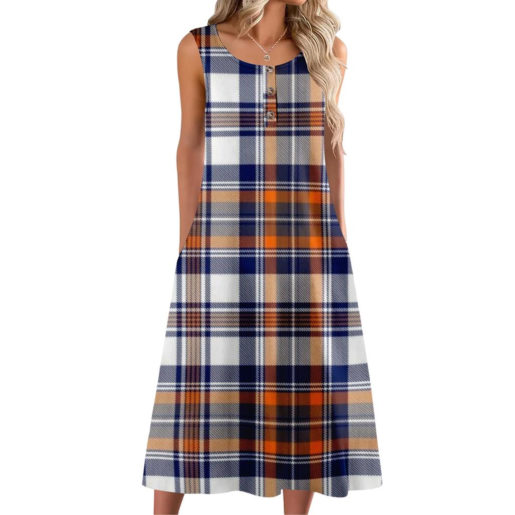 Damenmode lässiges ärmelloses Knopfdress mit Karomuster und Tasche