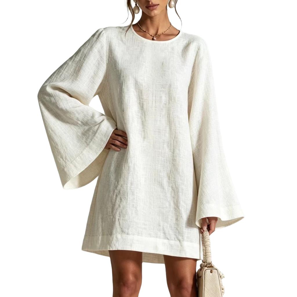 Women's Long Sleeve Neck Casual Color Dress for Everyday Wear
