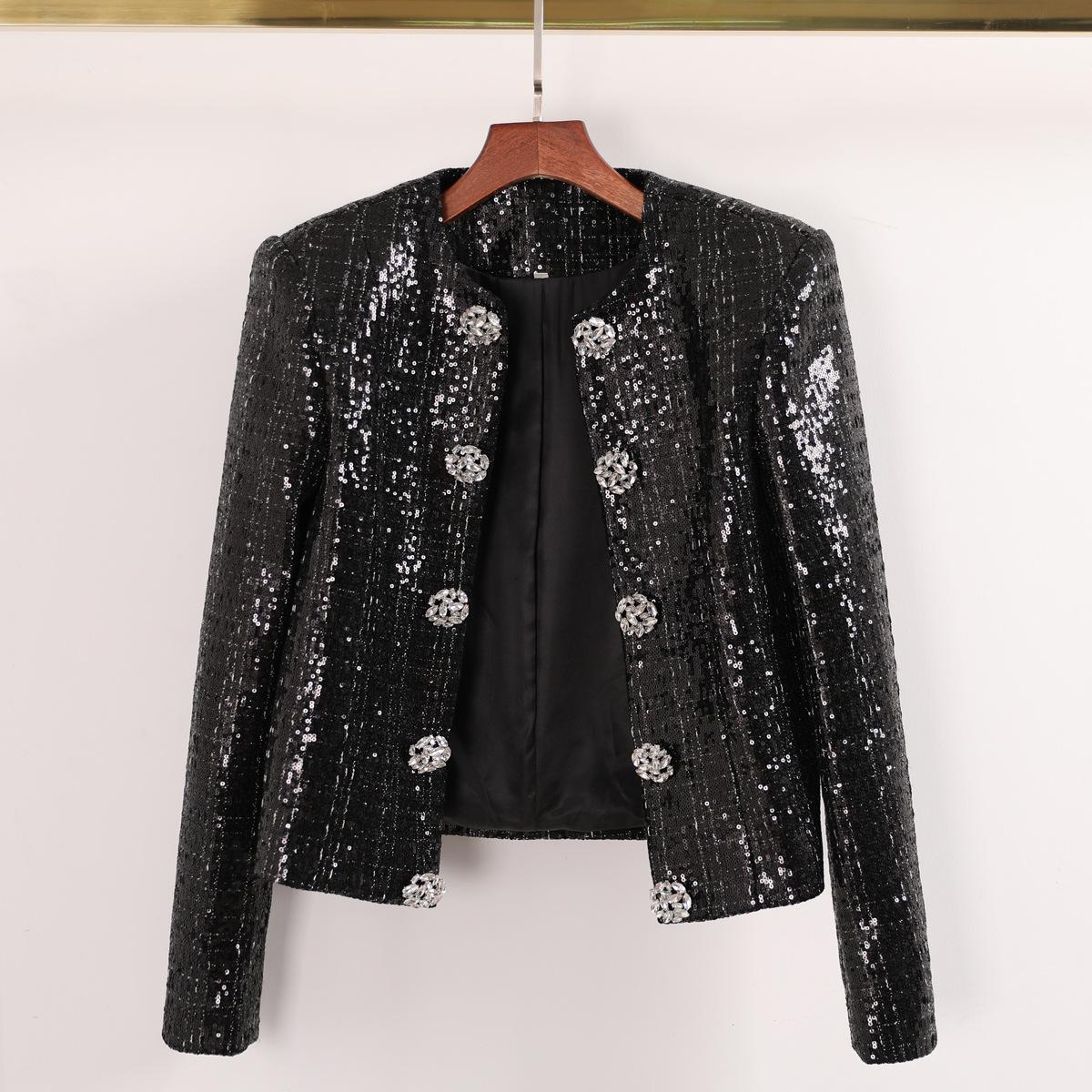 Spot new fashion European and American sequins striped rhinestone crew neck cardigan long sleeve slim temperament casual women s jacket S чёрный