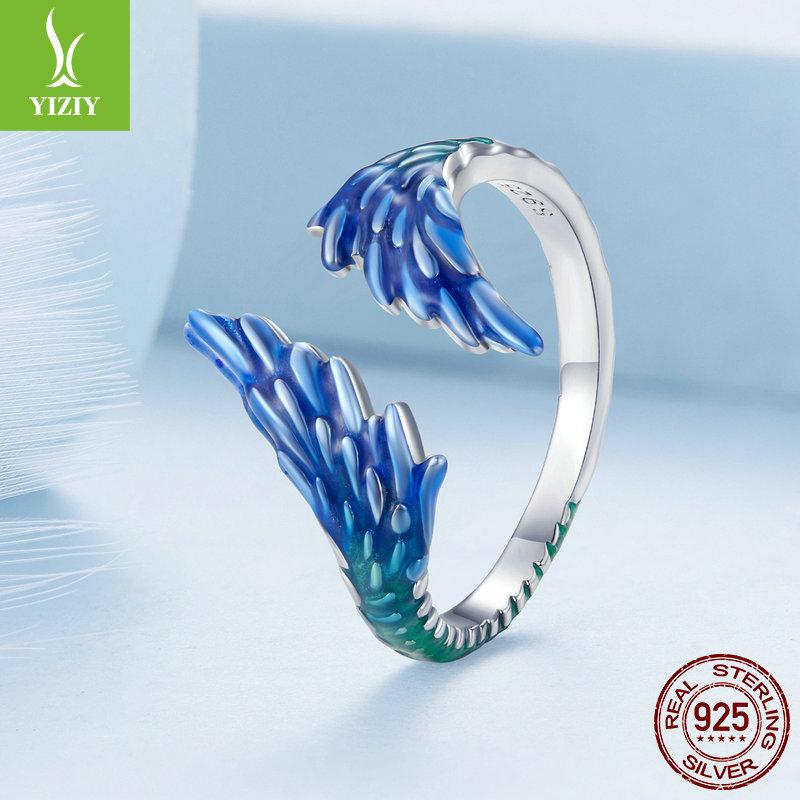 925 Sterling Silver Gradual Change Blue Wing Opening Ring Men And Women, Personality Trend Wing Adjustable Ring