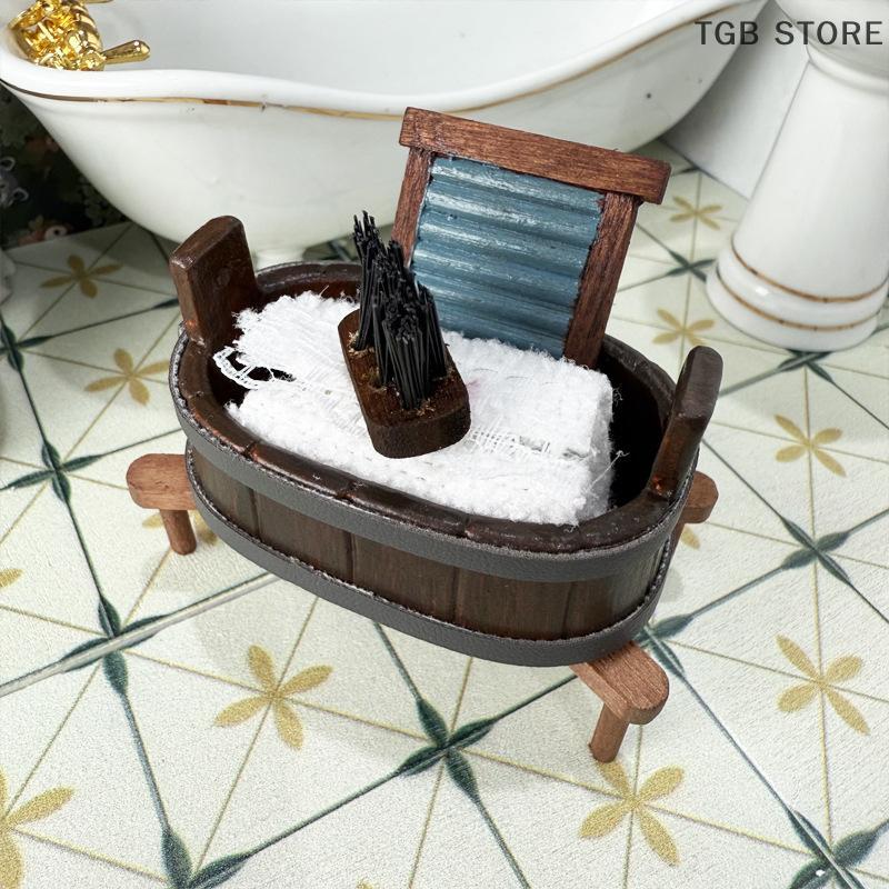 3Pcs/Set 1:12 Dollhouse Miniature Wooden Barrel Washboard Brush Laundry Scene Micro Landscape Ornaments Pretend Play Toys