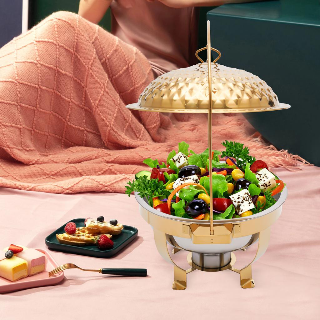 Elegant Gold Accent Chafing Dish Set, 4.5L Round Stainless Steel Buffet Warmer with Lid, Catering Serving Chafer for Wedding