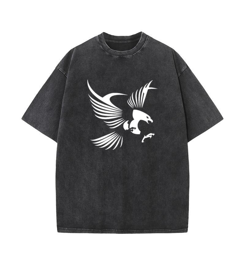 2025 Лето 100% хлопок стираный Old Craft свободная футболка большой размер О-образный вырез свободная мужская футболка с принтом орла S чёрный