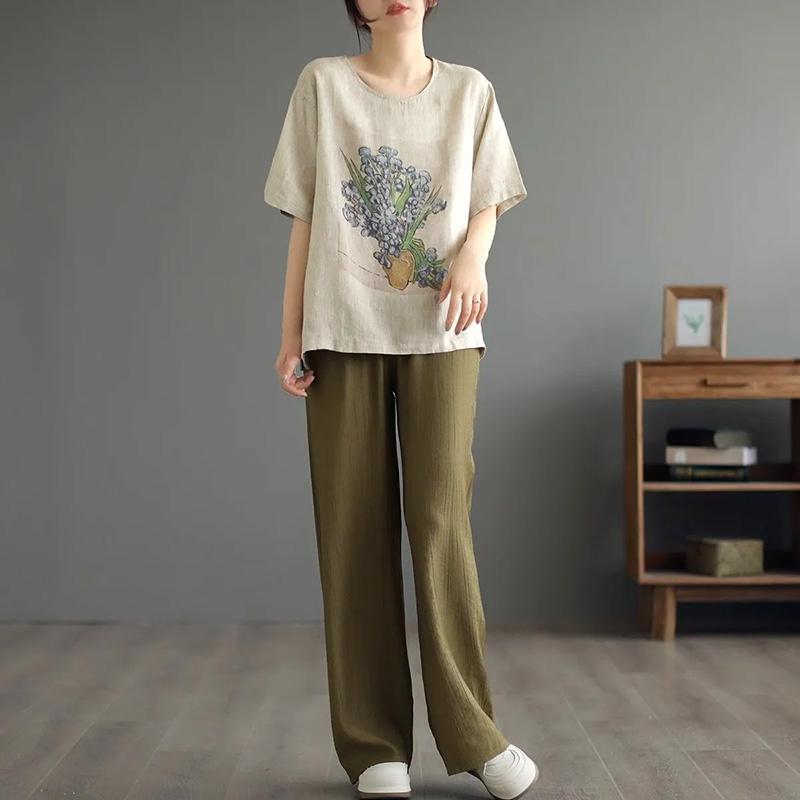 Tops Women Cotton Summer Large Size T-shirt Crew Neck Loose Printed Casual Pullover T-shirt Top