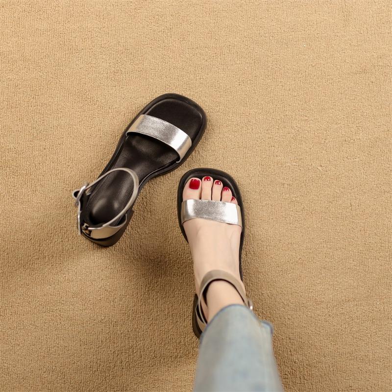 Taoffen Brand Genuine Cow Leather Sandals For Women Block Mid Heels Women Roma Sandals Open Toe Retro Buckle Ankle Strap Shoes