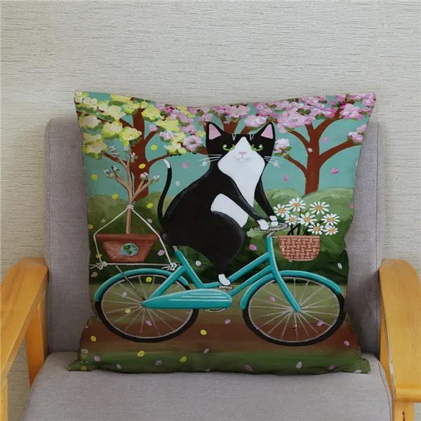 Cartoon Cycling Cat Print Cushion Cover Super Soft Pillowcase 45x45  Home Decor
