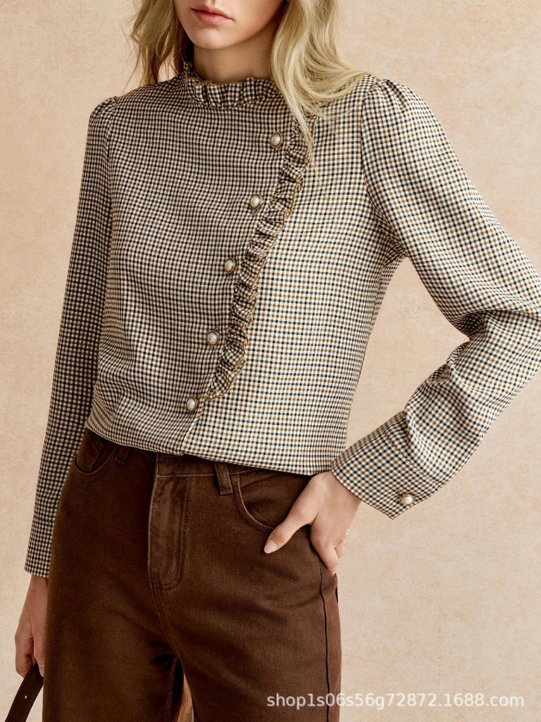 Houndstooth Ruffle Stand Collar Side-Opening Shirt for Commuting and Parties