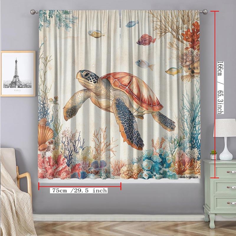 Ocean Turtle Coral Curtains Set of 2 Rod Pocket Semi Sheer for Living Room Bedroom Kids Room Decor