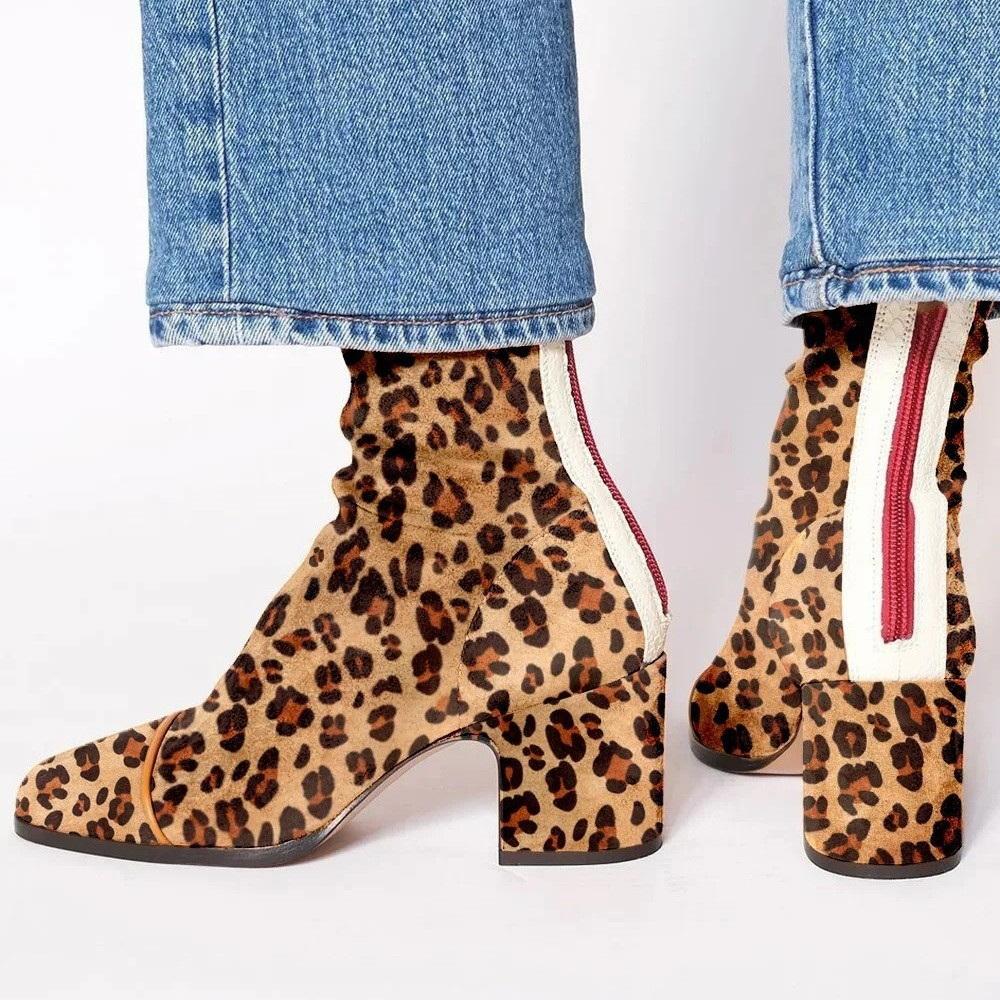New Women's Ankle Boots,Flock Suede Short Botas,Winter Shoes,British Style,Square Toe,Back Zip,Leopard,Purple,Dropship