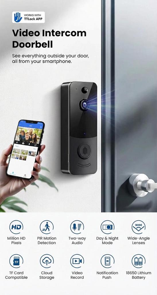 HD Wireless Video Doorbell with PIR Motion Detection, Two-Way Talk & Night Vision