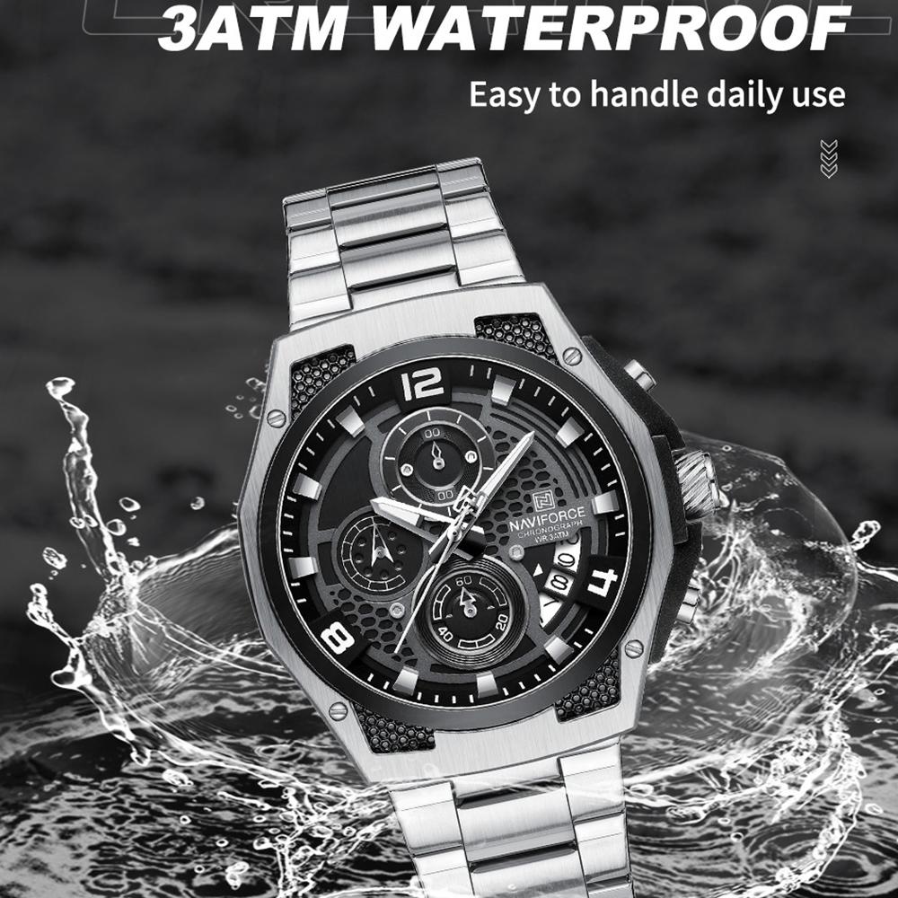 Naviforce Watch for Men Calendar Chronograph Stainless Steel Strap Luminous Waterproof Fashion Casual Outdoor Sports Men's Wristwatch NF8051S