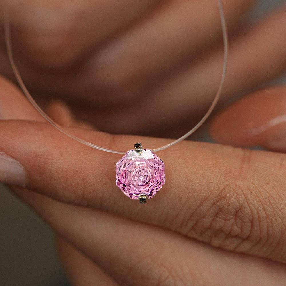 Invisible Fishing Line Mermaid's Tear Necklace, Womens Light Luxury Rose Pink Crystal Collarbone Chain.
