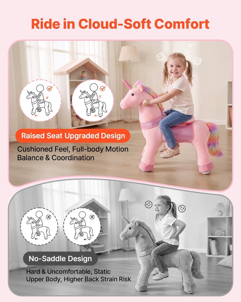 Ride On Horse, Riding Pink Unicorn Toys for Kids, No Battery Required, Smooth Wheels with Anti-Roll Stop Ring, Upgraded Raised Seat, Handles, Pedals,