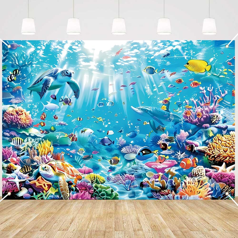1 Stück Meeresleben Hintergrund Polyesterfaser Unterwasserszene Banner mit Schildkröten Fischen und Korallen Universelle Feiertagsdekoration