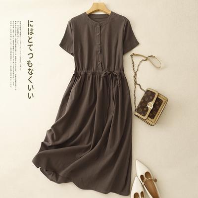 Summer Linen Cotton Solid Color Dress Short Sleeved Round Neck Waist Cinched Mid Length Skirt for Women
