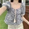 Vintage Ethnic Style Lace-up Square Collar Floral Shirts Women Summer New Loose Puff Sleeve Blouse Woman Elegant Fashion Slim Fit Ladies Shirt 26130