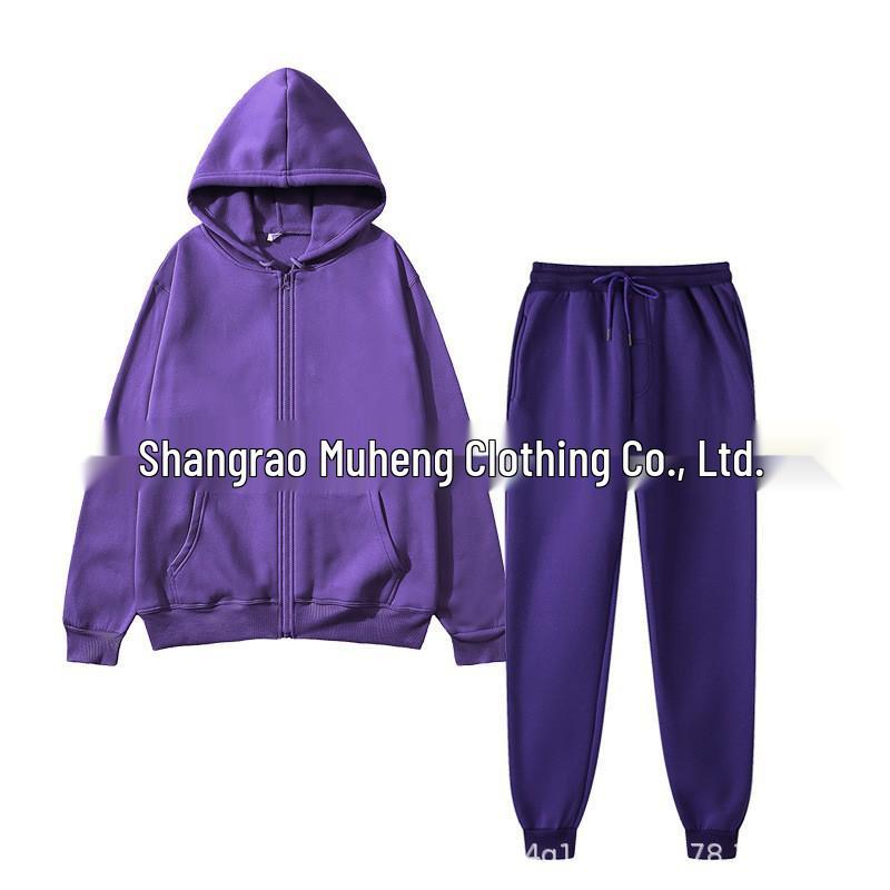 Men's Solid Color Plus Velvet Hooded Sports Set - Zipper Long Sleeve, Warm for Autumn/Winter