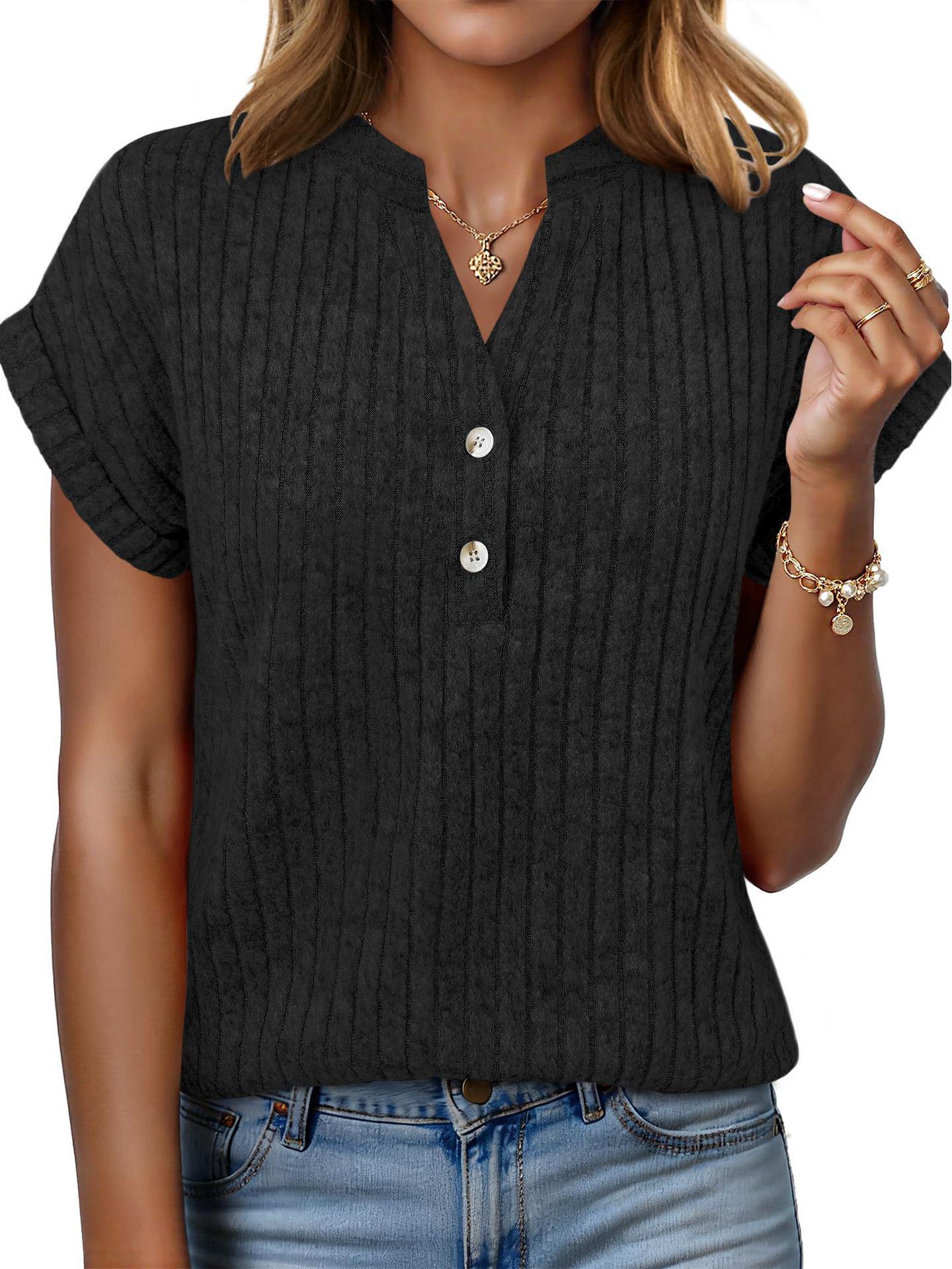

2026 Spring/Summer Casual Ribbed V-Neck Batwing Short-Sleeve Women s Top S чорний