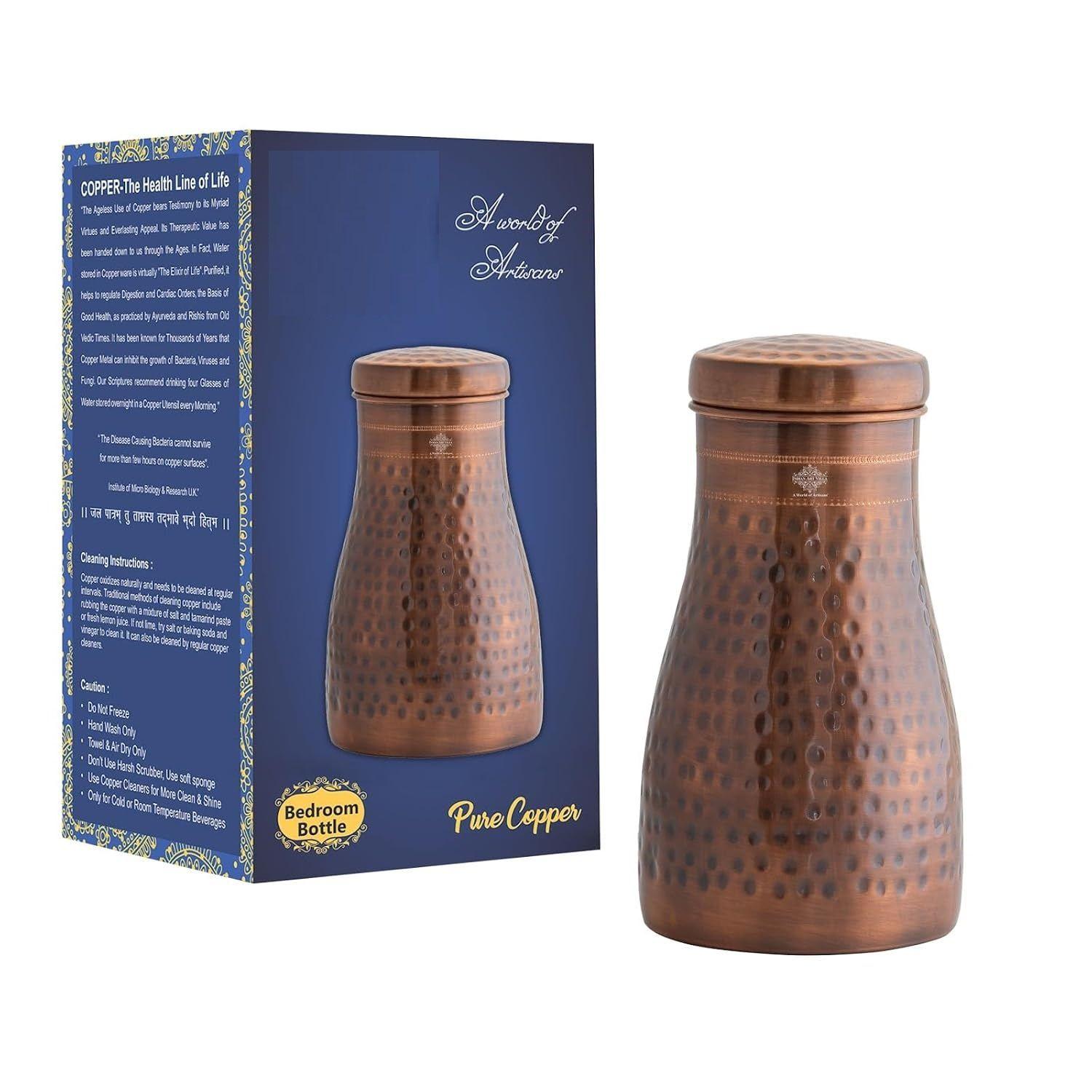 

Pure Copper Bedroom Water Bottle with Inbuilt Glass, Hammered Antique Design - Drinkware & Storage Purpose, Volume 950 ml