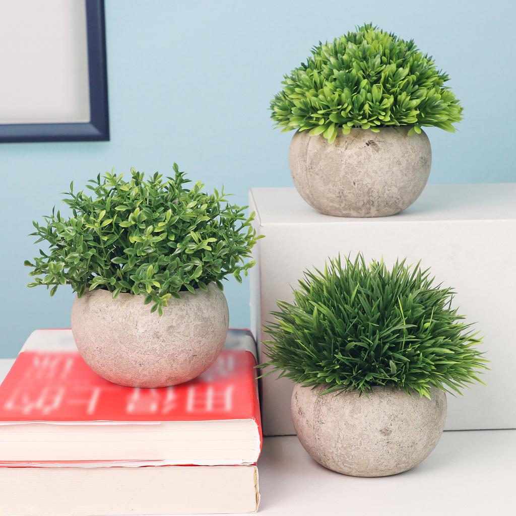 3 Pack Mini Artificial Plants Fake Green Grass Pot Artificial Simulation Plants Sets for Home Kitchen Garden Office