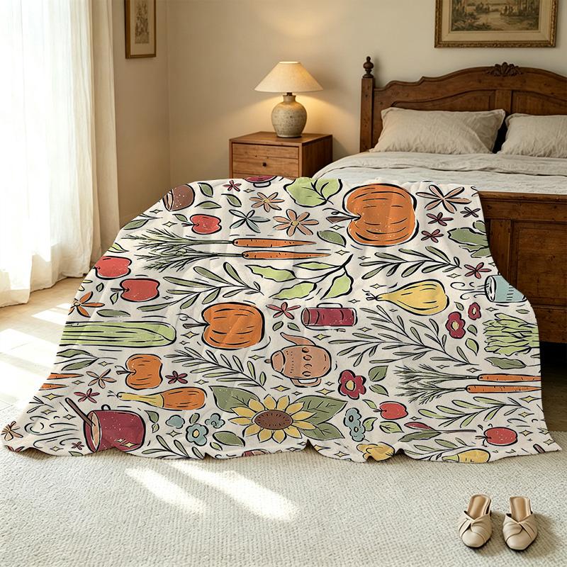 Cute Fruits & Floral Print Flannel Blanket Skin-Friendly Soft Warm Plush Throw, Decorative for Home, Dorm, Festive (Xmas/Halloween) Use