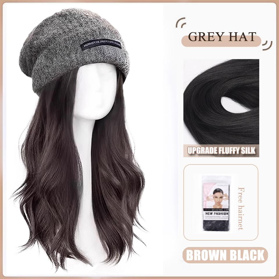 

WTB Hat парик интегрированный синтетический парик женская мода осень и зима серая теплая шерстяная вязаная шапка длинный кудрявый парик шапка 40CM