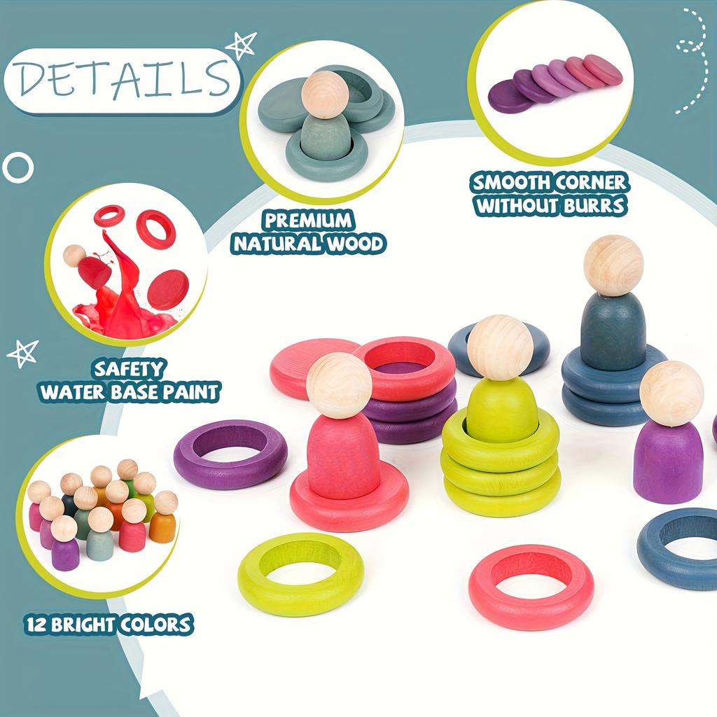 Montessori Toys Wooden Color Sorting Stacking Rings Toy Rainbow Peg Dolls Counting Toys Circular Building Blocks for Toddlers