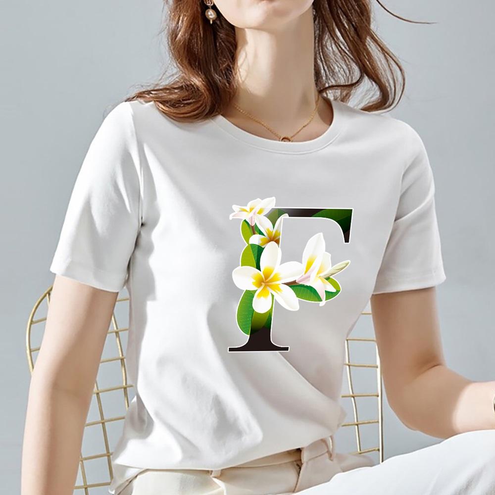 O Neck White Top Women 2022 Summer Casual T Shirt Basic Flower Color Letter Name Pattern Print Short Sleeve Tops Ladies Clothes
