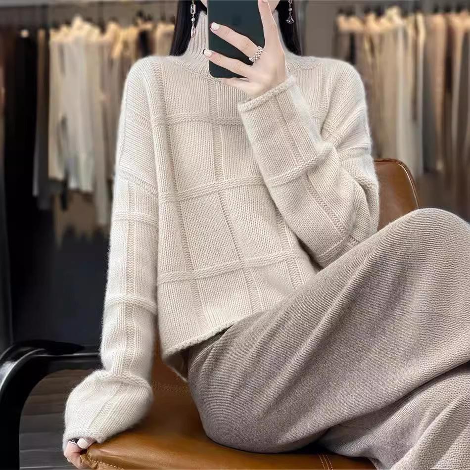 Retro versatile plaid turtleneck sweater women's loose pullover long-sleeved top autumn and winter outer wear fashionable and simple style