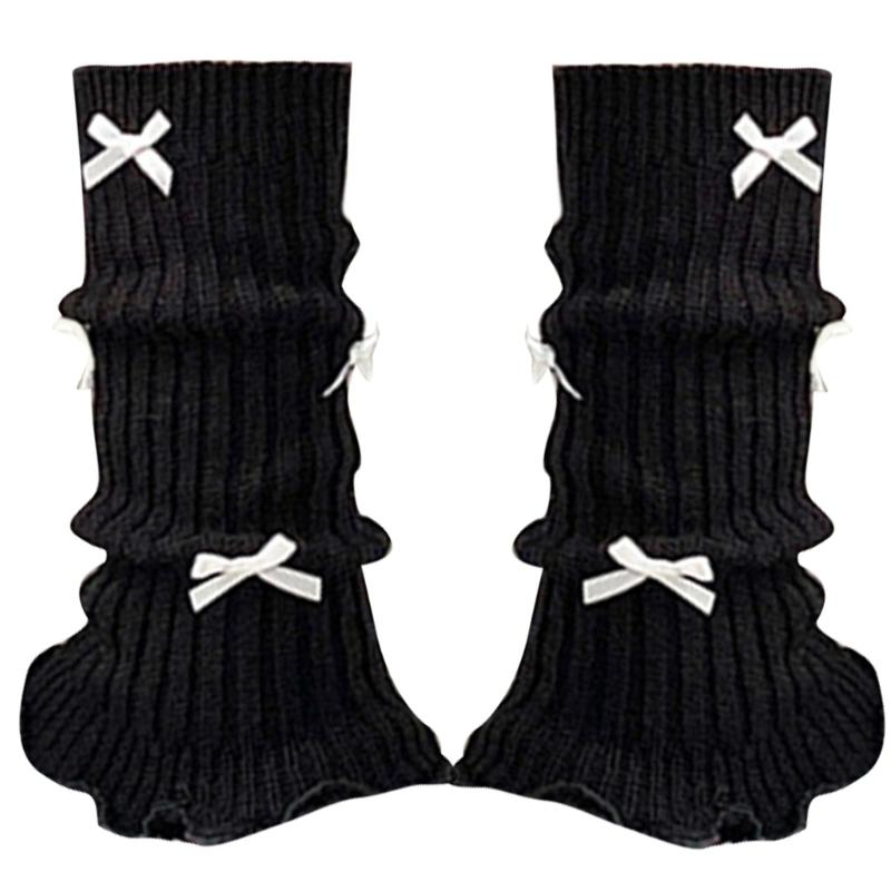 Sweet Girls Leg Warmers Women Ribbed Knit Striped Foot Cover Elegant Bowknot Ruffled Trim Boot Cuffs Footless Calf Socks