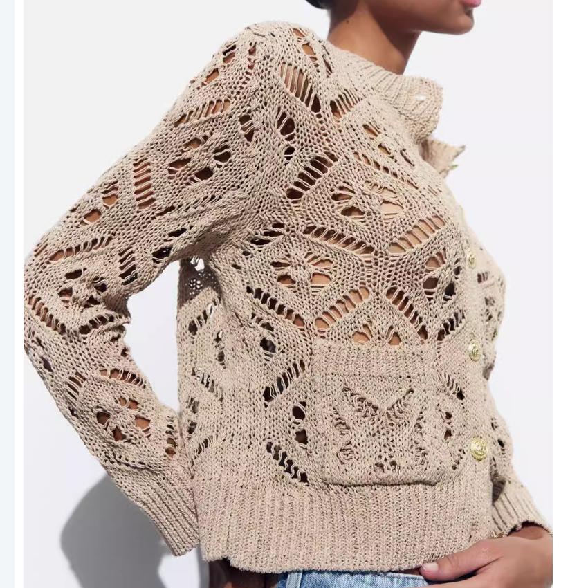 Zara Textured Mesh Solid Color Simple Long Sleeve Knit Top Women Tops Dark-Beige 6771013-731
