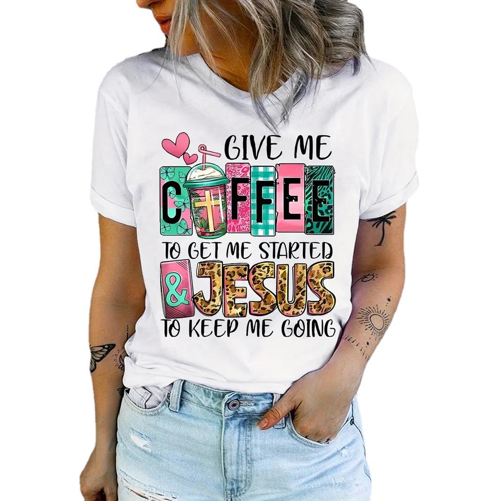 ZIMOXUAN Coffee & Jesus Letter Print T-Shirt, Short Sleeve Crew Neck Casual Top For Spring & Summer, Women's Clothing