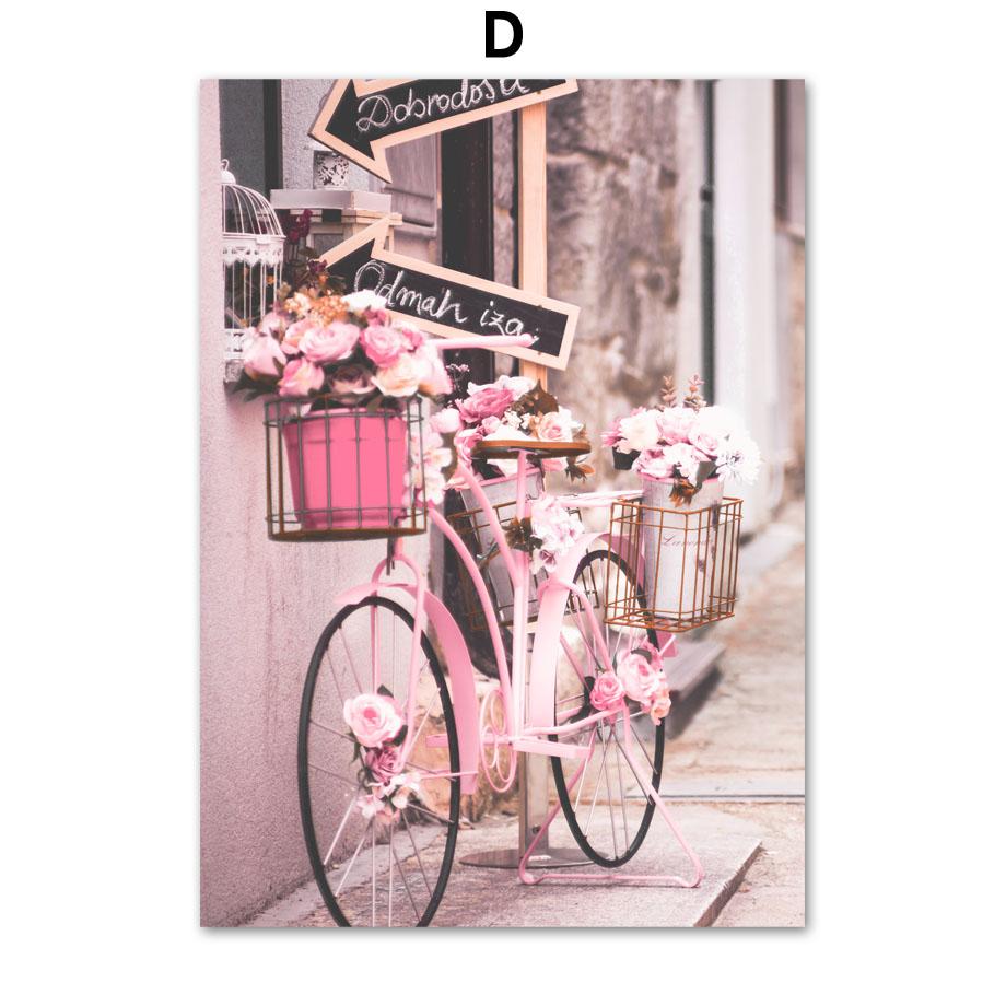 Pink City Flower Bike Coffee Shop Girl Room Nordic Posters And Prints Wall Art Canvas Painting Wall Pictures For Living Room Bar
